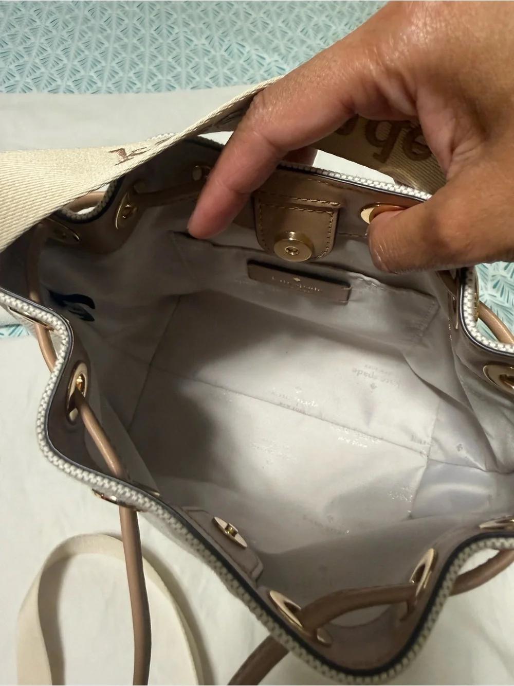 kate spade Cream Canvas Drawstring Shoulder Bag with Tan Accents - Picture 3 of 6